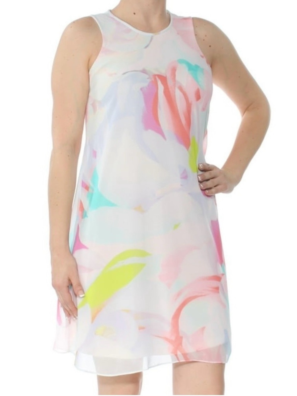 Calvin Klein White Sleeveless Pastel Watercolor Dress